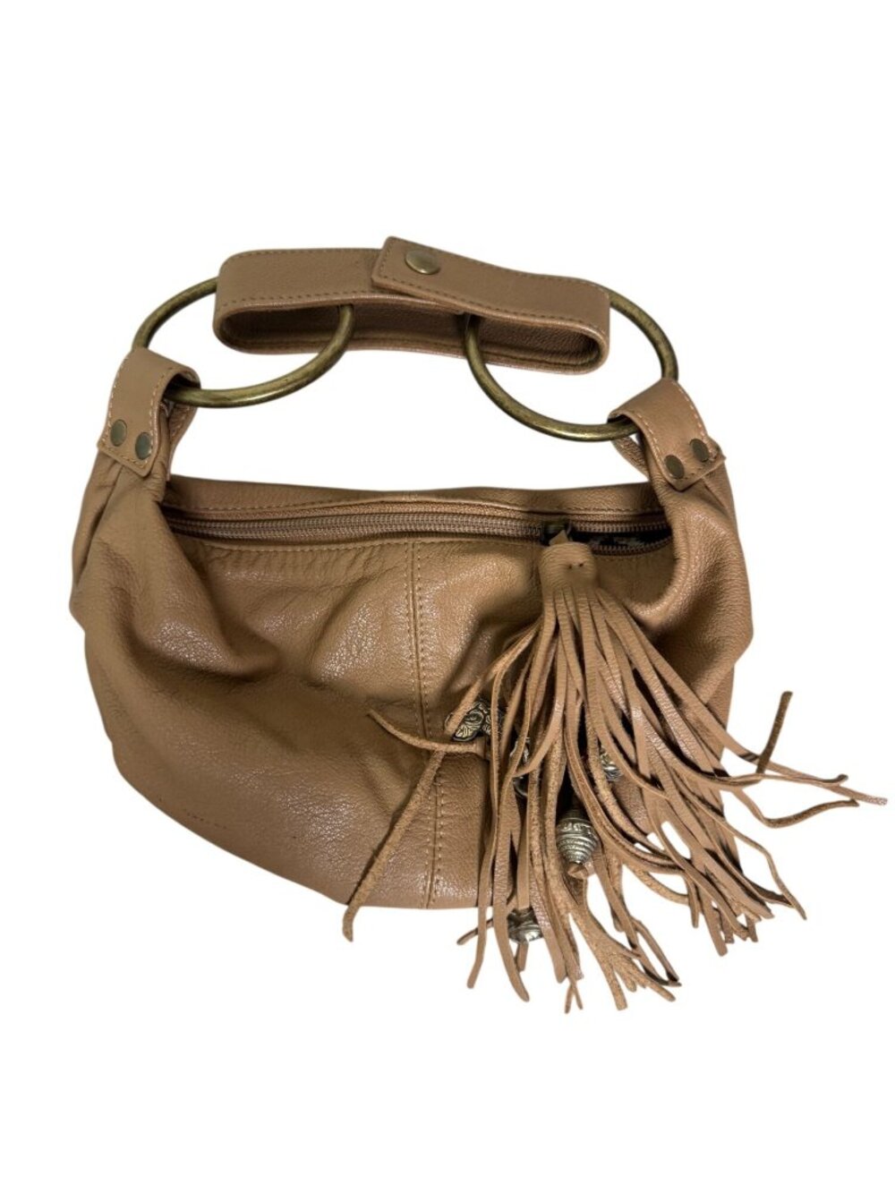 M. Officer Tan Leather Small Hobo Bag  Fringe Tassels Brass Ring Handles Boho